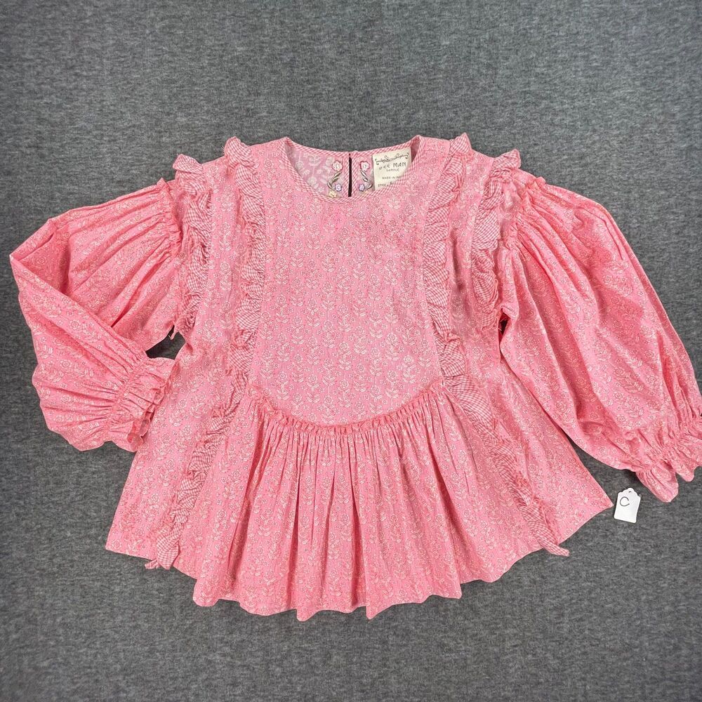 Dee Man India Sample Floral Gingham Ruffle Blouse Embroidered Back Boho S OOAK - Picture 9 of 10